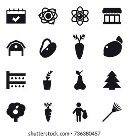 16 vector icon set : calendar, atom, market, barn, watering, seedling, pear, spruce, garden, carrot, trash, rake