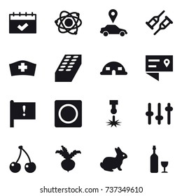 16 vector icon set : calendar, atom, car pointer, brick, dome house, ring button, cherry, beet, rabbit, wine