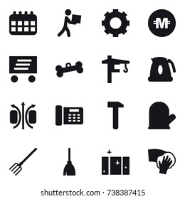 16 vector icon set : calendar, courier, gear, crypto currency, delivery, bone, tower crane, kettle, cook glove, fork, broom, clean  window, wiping
