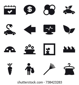 16 vector icon set : calendar, money message, atom core, eco car, electric car, left arrow, dome house, flower bed, flower in window, seedling, carrot, trash, rake, hanger
