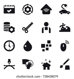 16 vector icon set : calendar, around gear, wireless home, electric car, virtual mining, surfer, watch, drop, wiping, house cleaning, toilet brush