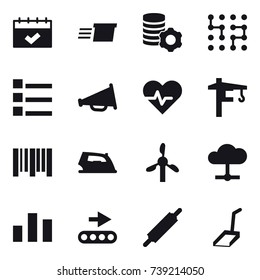 16 vector icon set : calendar, delivery, virtual mining, chip, list, loudspeaker, tower crane, iron, rolling pin, scoop