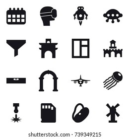 16 vector icon set : calendar, virtual mask, jet robot, ufo, funnel, arch, window, fort, level, plane, jellyfish, windmill