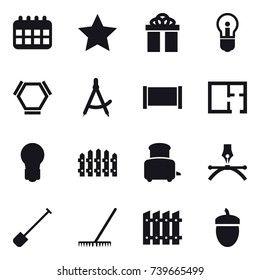 16 vector icon set : calendar, star, gift, bulb, hex molecule, draw compass, fence, plan, toaster, shovel, rake, acorn