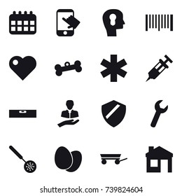 16 vector icon set : calendar, touch, bulb head, barcode, heart, bone, level, skimmer, trailer, house