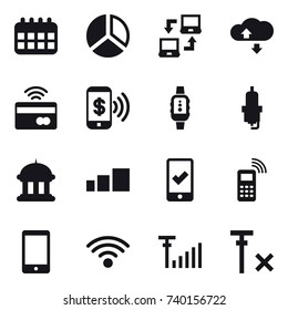 16 vector icon set : calendar, diagram, notebook connect, cloude service, tap to pay, phone pay, smartwatch, spark plug, goverment house, mobile checking
