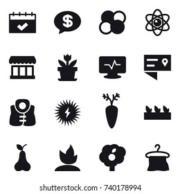 16 vector icon set : calendar, money message, atom core, atom, market, flower, life vest, seedling, pear, sprouting, garden, hanger