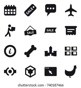 16 vector icon set : calendar, sale, message, plane, courier, atm receipt, info, castle, panel house, chicken