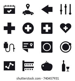 16 vector icon set : calendar, car pointer, left arrow, equalizer, ring button, watering, tomato, wine