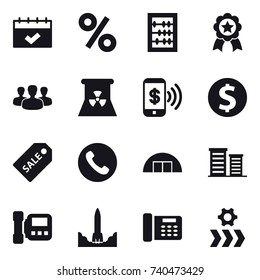 16 vector icon set : calendar, percent, abacus, medal, group, nuclear power, phone pay, dollar coin, sale label, phone, hangare, district, intercome