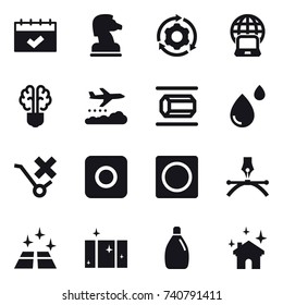 16 vector icon set : calendar, chess horse, around gear, notebook globe, bulb brain, weather management, nanotube, ring button, clean floor, clean  window, cleanser, house cleaning