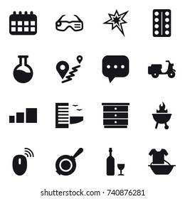 16 vector icon set : calendar, smart glasses, bang, hotel, chest of drawers, bbq, pan, wine, handle washing
