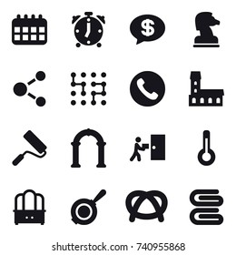 16 vector icon set : calendar, alarm clock, money message, chess horse, molecule, chip, phone, mansion, repair, arch, thermometer, dresser, pan, stack of towels