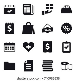 16 vector icon set : calendar, newspaper, gift, shopping bag, receipt, sale, percent, towels, toilet paper