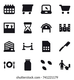 16 vector icon set : calendar, delivery, notebook, cart, tools, barn, palace, vip fence, chef knife, seeds, toilet cleaning