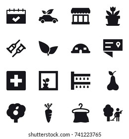 16 vector icon set : calendar, eco car, market, flower, dome house, first aid, flower in window, watering, pear, garden, carrot, hanger, garden cleaning
