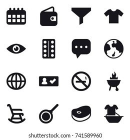 16 vector icon set : calendar, wallet, funnel, t-shirt, earth, globe, check in, no smoking, bbq, rocking chair, pan, handle washing