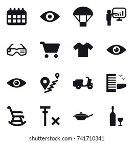16 vector icon set : calendar, eye, parachute, presentation, smart glasses, cart, t-shirt, hotel, rocking chair, pan, wine