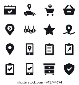 16 vector icon set : calendar, car pointer, add to cart, remove from basket, dollar pin, sale, star, mobile checking, nightstand