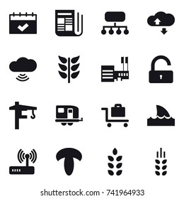 16 vector icon set : calendar, newspaper, structure, cloude service, cloud wireless, mall, unlock, tower crane, trailer, baggage trolley, shark flipper, spikelets