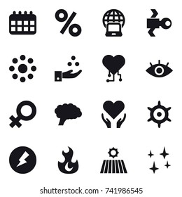 16 vector icon set : calendar, percent, notebook globe, satellite, round around, chamical industry, cardio chip, handwheel, electricity, field, shining