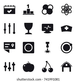 16 vector icon set : calendar, pedestal, atom core, atom, equalizer, wineglass, ring button, cherry, barn