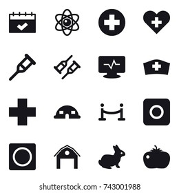 16 vector icon set : calendar, atom, dome house, vip fence, ring button, barn, rabbit, tomato