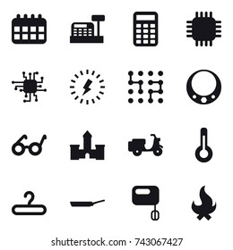 16 vector icon set : calendar, cashbox, calculator, chip, lightning, necklace, castle, thermometer, hanger, pan, fire
