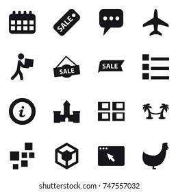 16 vector icon set : calendar, sale, plane, courier, list, info, castle, panel house, palm hammock, chicken