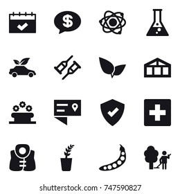 16 vector icon set : calendar, money message, atom, flask, eco car, greenhouse, flower bed, first aid, life vest, seedling, peas, garden cleaning