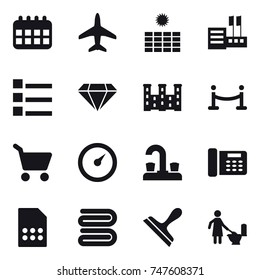 16 vector icon set : calendar, plane, sun power, store, list, diamond, palace, vip fence, cart, barometer, water tap, towel, scraper, toilet cleaning