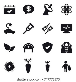 16 vector icon set : calendar, money message, satellite antenna, atom, electric car, barn, life vest, carrot, trash