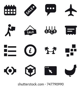 16 vector icon set : calendar, sale, message, plane, courier, atm receipt, list, info, palm hammock, chicken