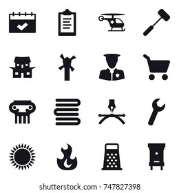 16 vector icon set : calendar, clipboard, japanese house, windmill, cart, antique column, towels, hive