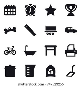 16 vector icon set : calendar, alarm clock, star, trophy, bone, ruler, bike, bath, stool, pan, measuring cup, garbage bag, scoop