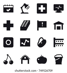 16 vector icon set : calendar, table lamp, brick, ring button, watering, cherry, barn, tomato, foam bucket