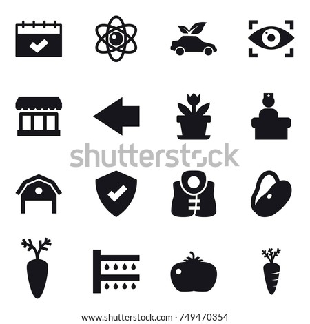 16 vector icon set : calendar, atom, eco car, eye identity, market, left arrow, flower, barn, life vest, watering, tomato, carrot