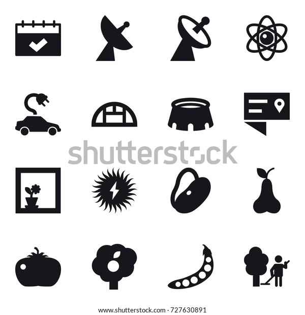 16 vector icon set : calendar, satellite\
antenna, atom, electric car, greenhouse, stadium, flower in window,\
pear, tomato, garden, peas, garden\
cleaning
