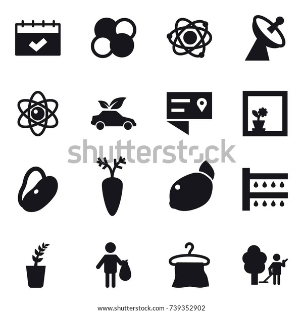16 vector icon set : calendar, atom core, atom,\
satellite antenna, eco car, flower in window, watering, seedling,\
trash, hanger, garden\
cleaning