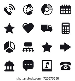 16 vector icon set : call, circle diagram, circle diagram, calendar, star, heart, truck, calculator, diagram, structure, star, right arrow, goverment house, photo, phone