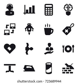 16 vector icon set : call center, graph, calculator, bulb brain, notebook connect, jet robot, hot drink, cafe, table, iron, cleanser powder, construct garbage
