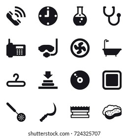 16 vector icon set : call, clock, round flask, diving mask, cooler fan, bath, hanger, cutting board, skimmer, sickle, sponge, sponge with foam