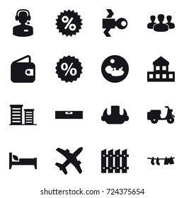 16 vector icon set : call center, percent, satellite, group, wallet, cottage, district, level, building helmet, bed, fence, drying clothe
