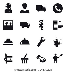 16 vector icon set : call center, woman, truck, phone, tools, hotel, service bell, wrench, wiping, skyscrapers cleaning, vacuum cleaner, woman with pipidaster