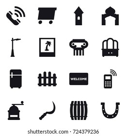16 vector icon set : call, delivery, tower, minaret, outdoor light, photo, antique column, dresser, fridge, fence, welcome mat, hand mill, sickle, barrel, horseshoe