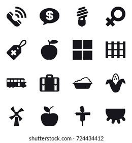16 vector icon set : call, money message, bulb, window, bus, suitcase, washing, corn, windmill, apple, scarecrow, udder