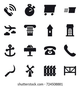 16 vector icon set : call, stopwatch, delivery, journey, column, tower, building, restaurant, phone, sickle, windmill, fence, farm fence