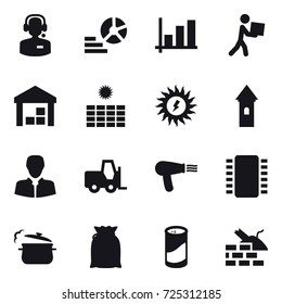 16 vector icon set : call center, diagram, graph, courier, warehouse, sun power, tower, hair dryer, steam pan, cleanser powder, construct garbage