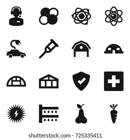 16 vector icon set : call center, atom core, atom, electric car, barn, dome house, greenhouse, first aid, watering, pear, carrot