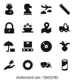 16 vector icon set : call center, chess horse, journey, ruler, lock, flower bed, beet, hand leaf, sun, sweeper, cleanser powder